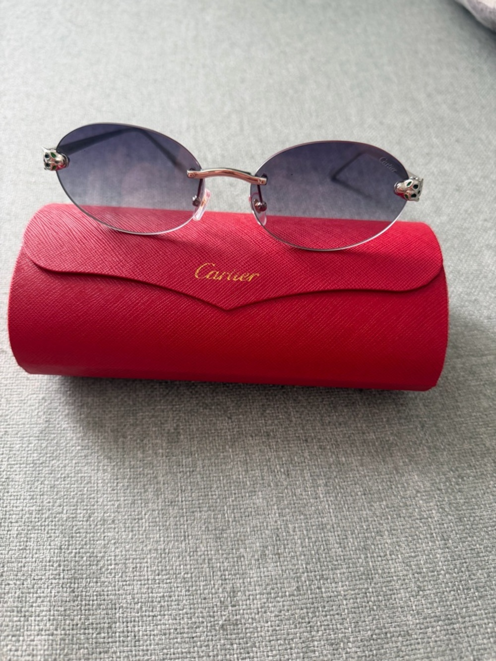 Cartier Silver Rim Oval Sunglasses with Gradient Black Lenses